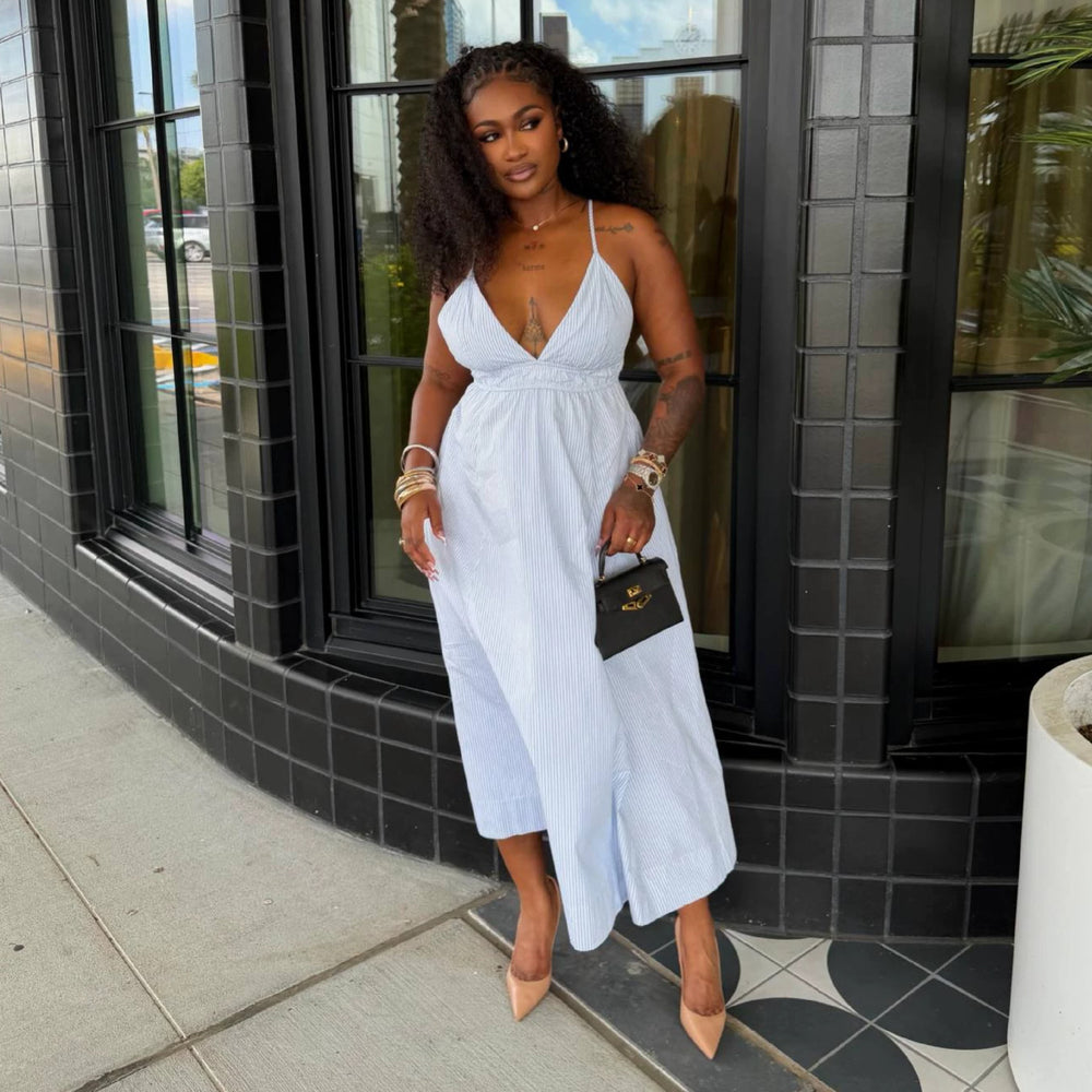 European and american cross-border women's fashion:  summer new arrival - chic v-neck striped high-waisted midi slip dress