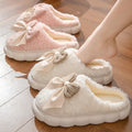 Sweet bowknot home cotton slippers women's autumn winter fleece-lined cotton slippers women's slippers men's closed-toe slippers postpartum shoes women