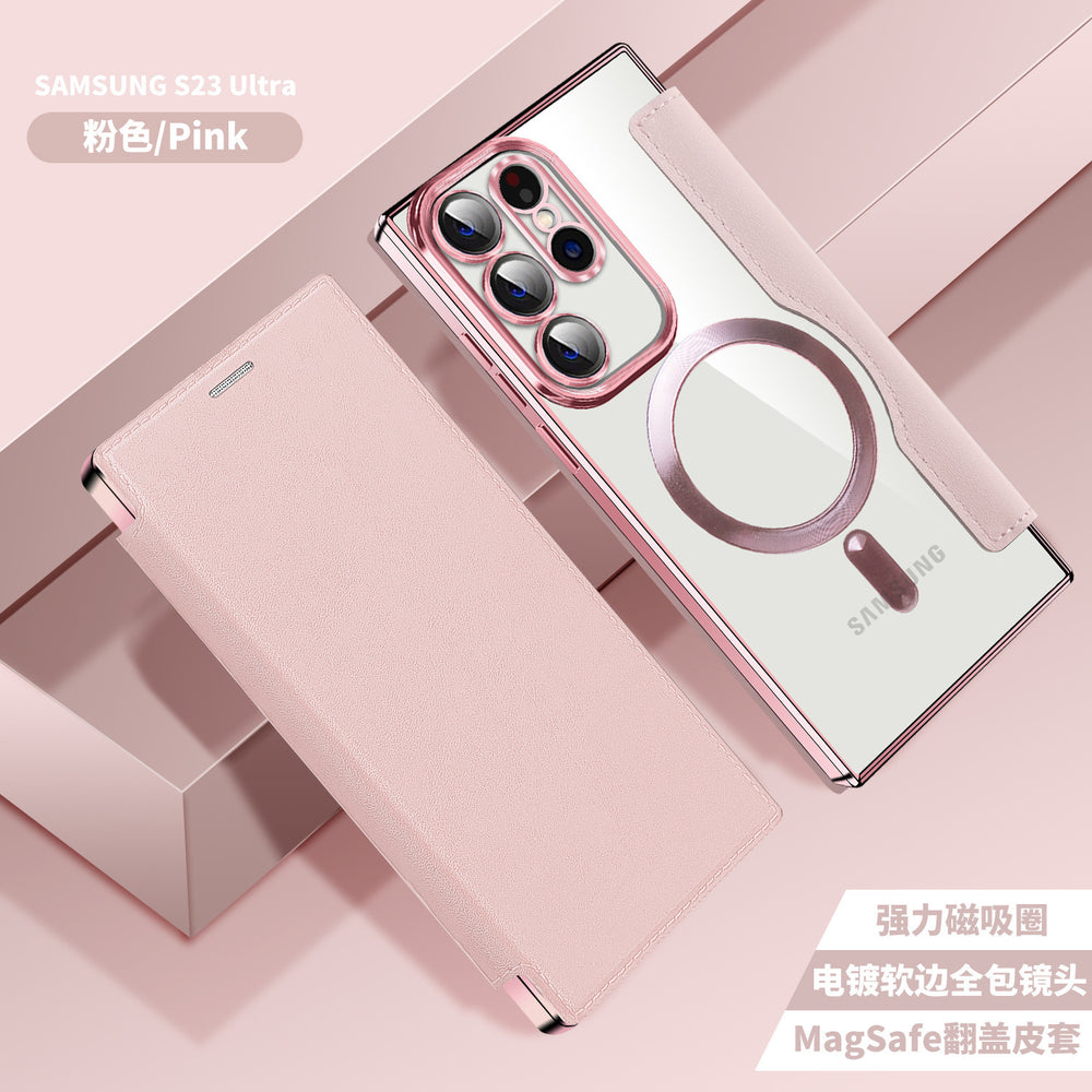 Suitable for samsung s26ultra electroplated magnetic flip leather case s25plus mobile phone case a57 card lens film case