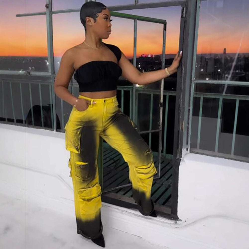 European and american style multi-pocket jeans  cross-border women's clothing african fashiontrendy tie-dye high waist overalls