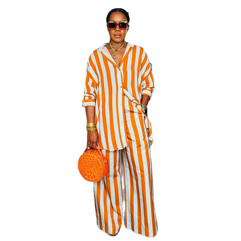 European and american style women's clothing  autumn new collection: sweet and fresh striped turn-down collar long-sleeve shirt and high-waisted straight-leg pants two-piece set