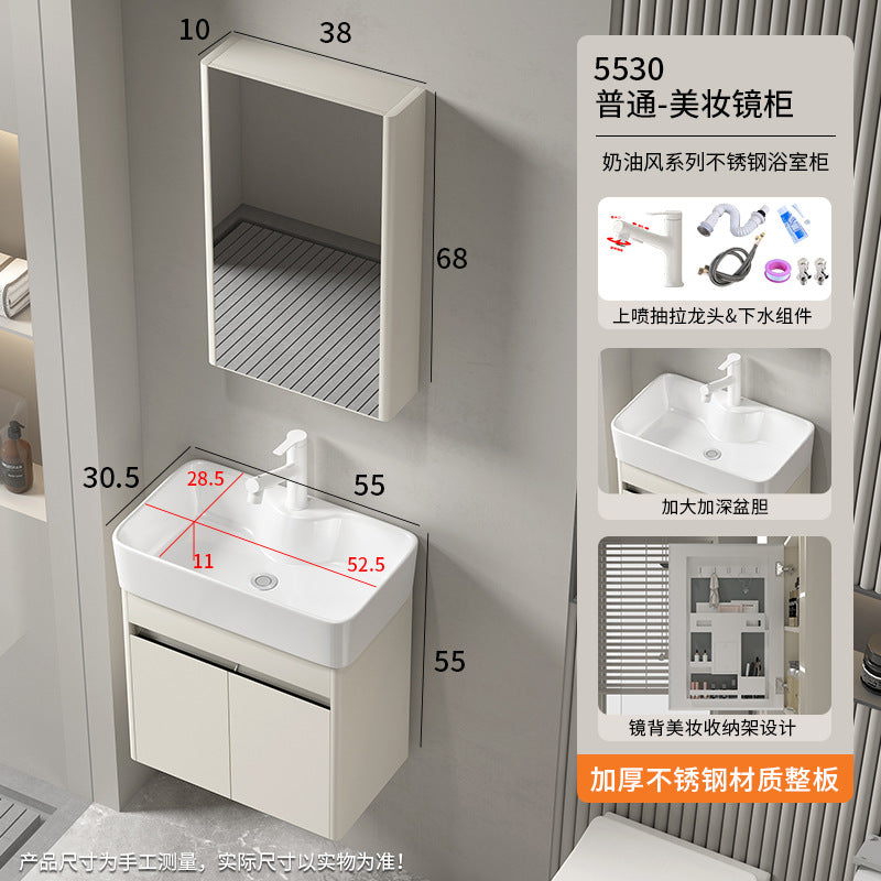 Small apartment bathroom cabinet Thickened stainless steel washstand Integrated cabinet Storage mirror Washstand Deepened ceramic integrated basin