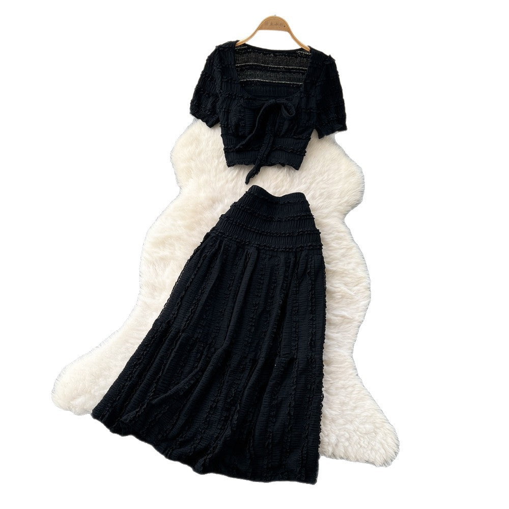 Vacation style bubble pleated square neck short-sleeved dress women's high waist pleated a-line skirt slimming lookeleganttwo-piece set