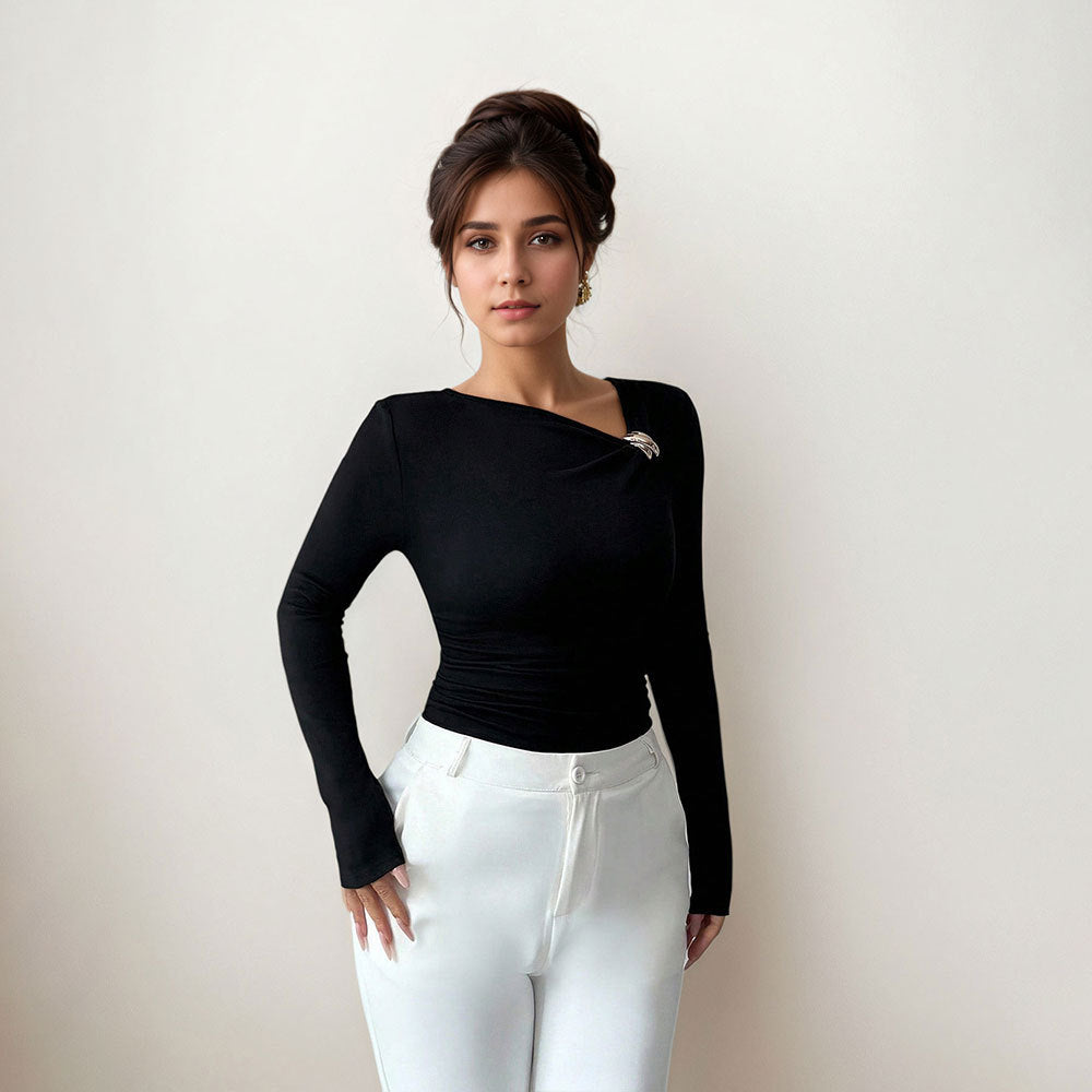 Asymmetrical neck ruched women's blouse - chic design, long sleeves, slim fit, new arrival, flattering, spring/autumn layering top