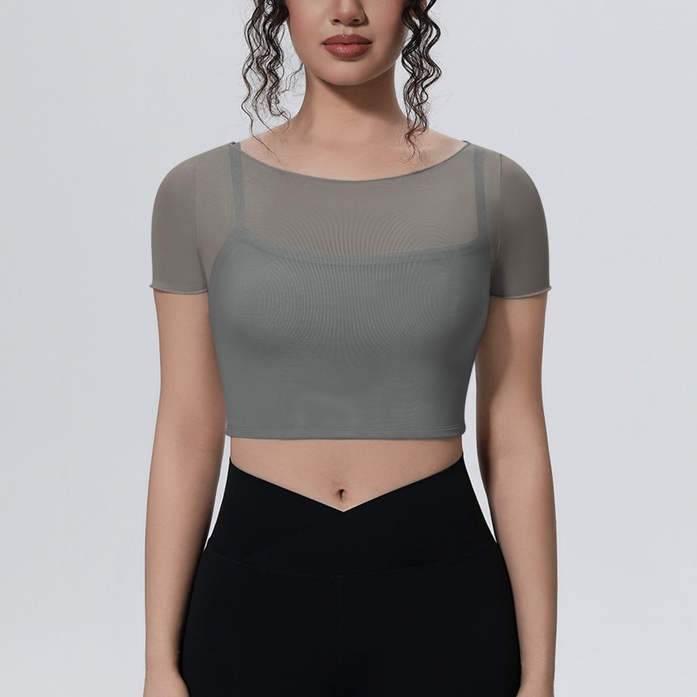 Fake two-piece mesh sports short-sleeved t-shirt for women with chest pad and navel-baring topsoutwear yoga quick-drying slimming look fitness clothes