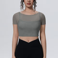 Fake two-piece mesh sports short-sleeved t-shirt for women with chest pad and navel-baring topsoutwear yoga quick-drying slimming look fitness clothes