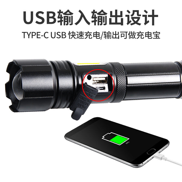 Cross-border new Type-c charging side light red and white power display white laser LED telescopic zoom output flashlight