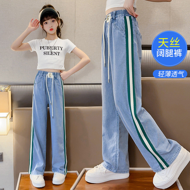 Girls' summer pants: kids' mosquito-proof trousers, lightweight summer style,  new arrivals, long pants for girls, big girls' jeans, wide-leg pants
