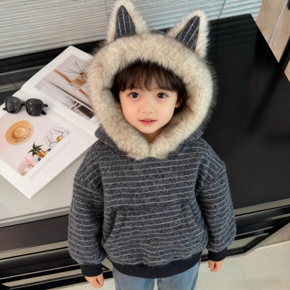Early autumn faux fur collar hoodie - korean chic, relaxed fit, autumn design, unique striped top for women