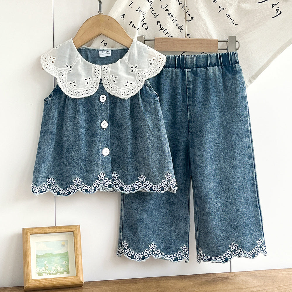Baby clothing kids set children outfit white collar blue tops+pants