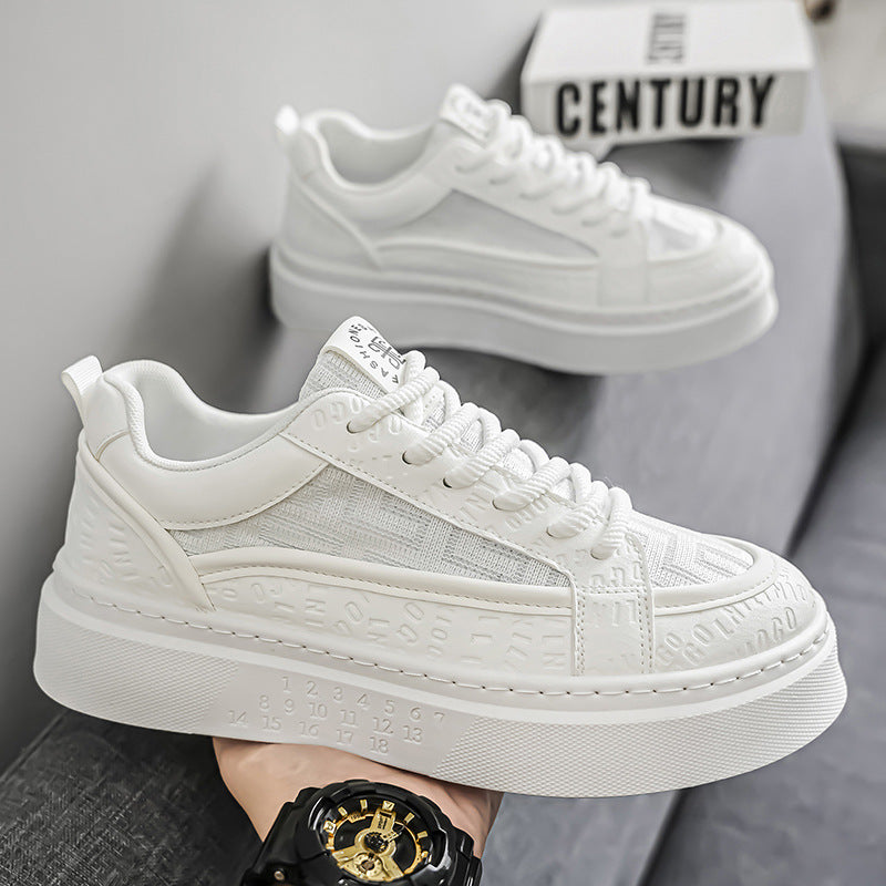 Men's winter breathable trendy versatile casual white skate shoes - youth anti-slip athletic platform sneakers - height increasing white shoes