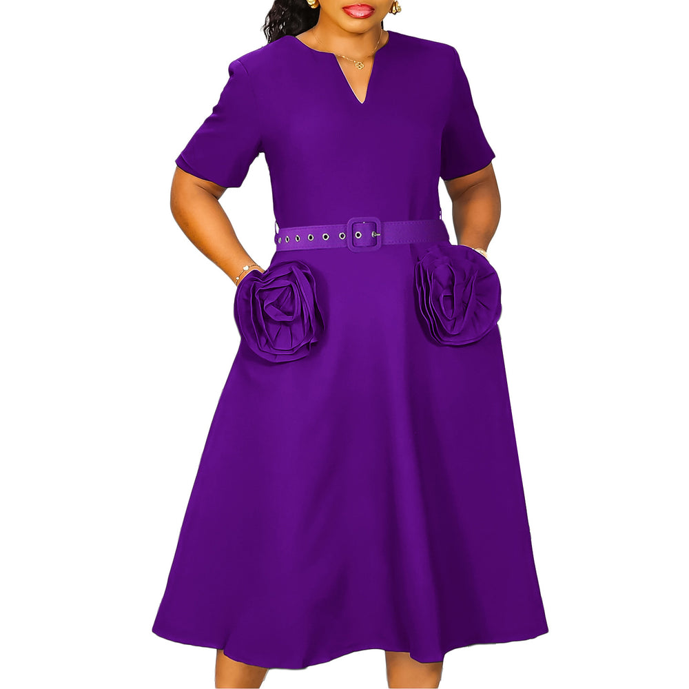 D576 women's foreign trade summer  new fashion v-neck elegant short sleeve cinched waist a-line dress plus size european and american style dress