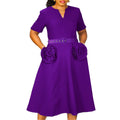 D576 women's foreign trade summer  new fashion v-neck elegant short sleeve cinched waist a-line dress plus size european and american style dress
