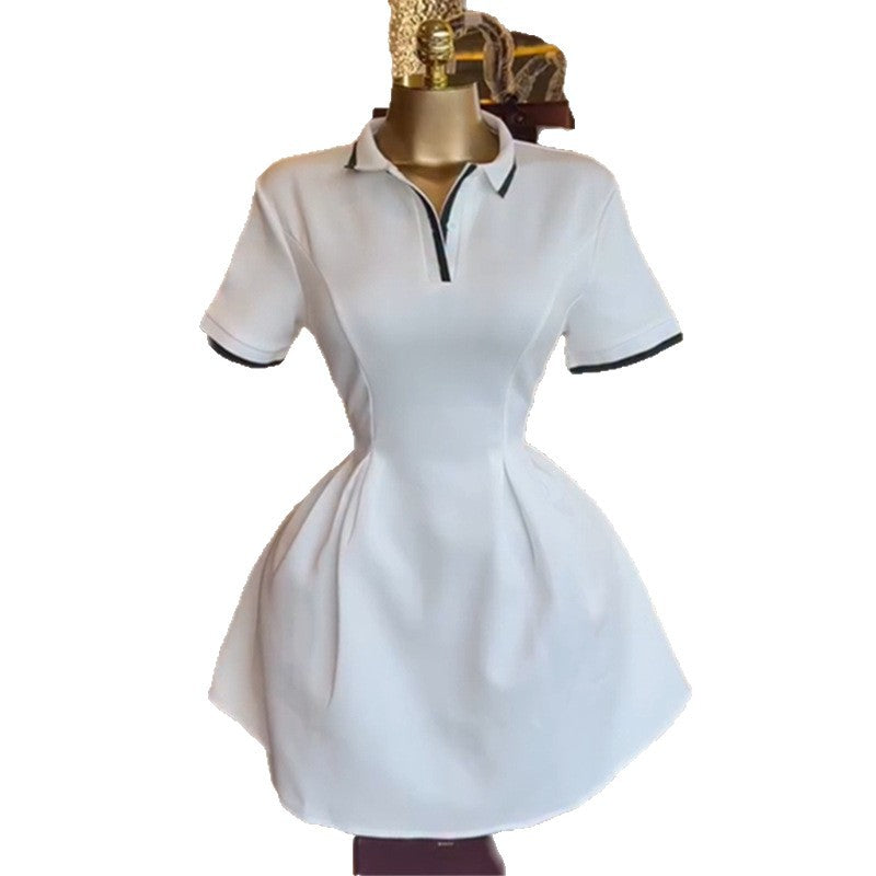 European and american women's clothing  autumn new collection: sweet and fresh polo collar short sleeve a-line mini dress with cinched waist