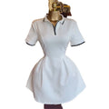 European and american women's clothing  autumn new collection: sweet and fresh polo collar short sleeve a-line mini dress with cinched waist