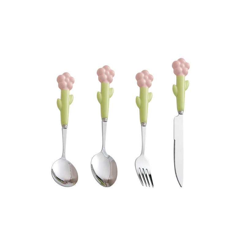 Creative stainless steel cutlery with ceramic handles - kids' dessert forks, multi-purpose western dinnerware, sunflower steak knife