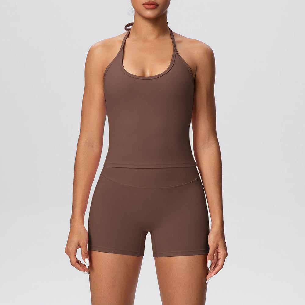 New arrival cross-border pure color brushed beautiful back strap halterhigh waist yoga clothes suit sports running fitness suit for women