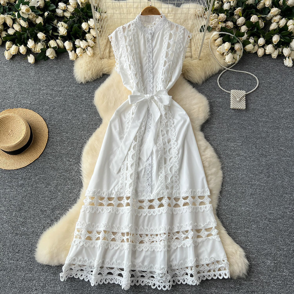 Frenchretro stand collar cut outlacepatchwork pearl single breasted waist slimming look long large swing dress for women