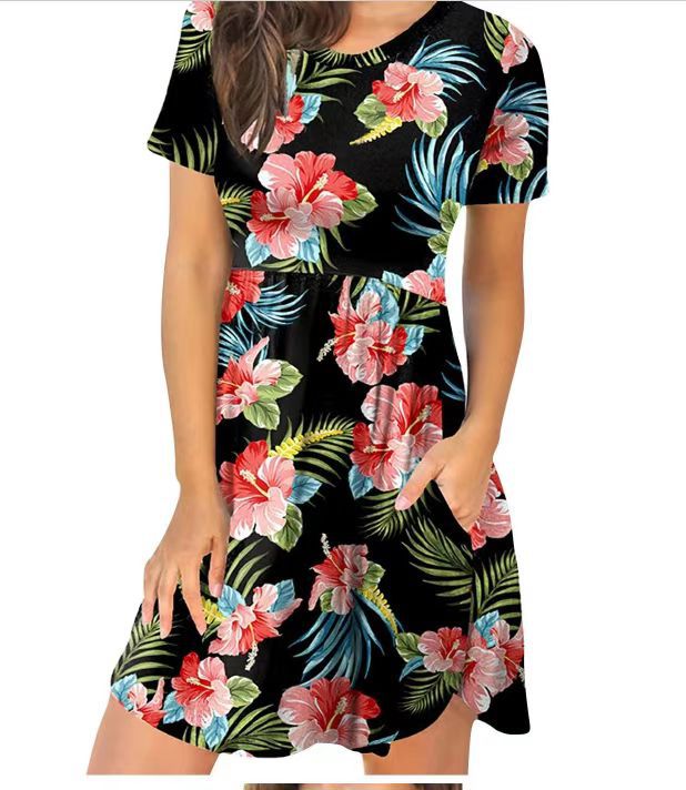 european and american  women's casual crew neck printed pullover short sleeve ruched pocket dress