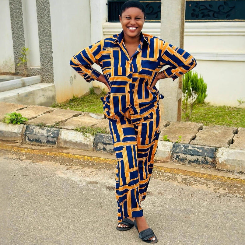 European and American large-size lapel-neck printed cardigan shirt loose casual wide-leg pants African women's clothing foreign fashion suit women