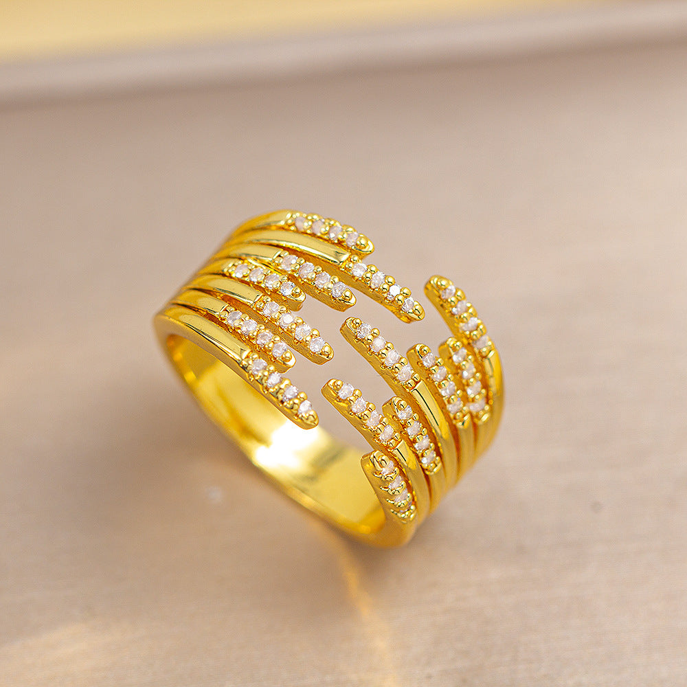 [copper inlaid with zirconium] fashion hot-selling geometric ring for women, accessible luxury, fashionable, high-end, openable, adjustable ring jewelry