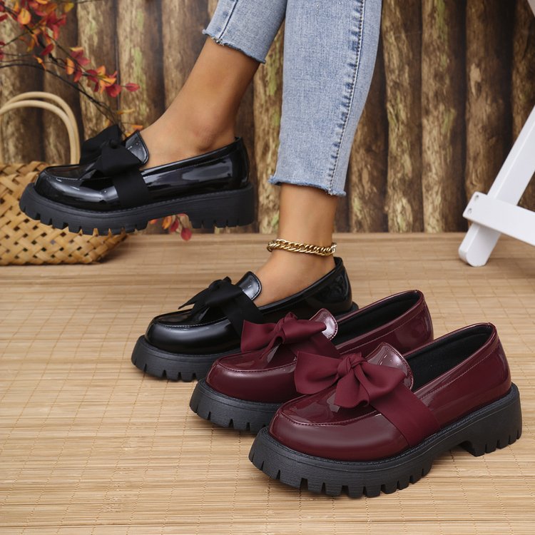 cross-border large size 35-43 black loafers women's niche bow thick bottom small leather shoes retroflats women