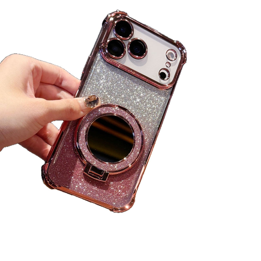 Glitter mirror magnetic stand compatible iphone 17 pro case, 16, apple 13, four-corner electroplated drop-proof protection