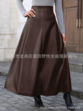 2-73187# cross-border european and american slimming look covering crotch mid-long a-line large swing pu leather skirt women's skirt long skirt