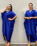 Glossy silky satinloosev neck bat sleeve mid-sleeve plaidfashion long skirt dress cross-border supply