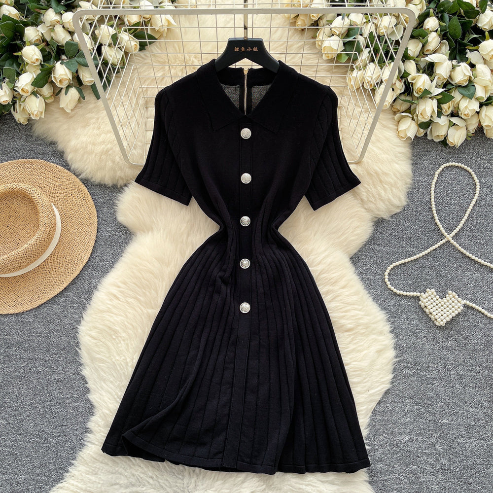 French retro polo collar short sleeve metallic button waist slimming knitted dress - women's summer chic & age-defying mini dress