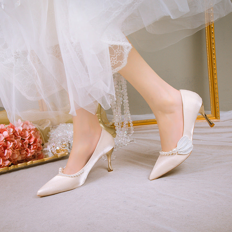 Pearl bridal high heels 2022 new pointed toe xiuhe dress wedding shoes for pregnant women, comfortable chinese style wedding shoes for women