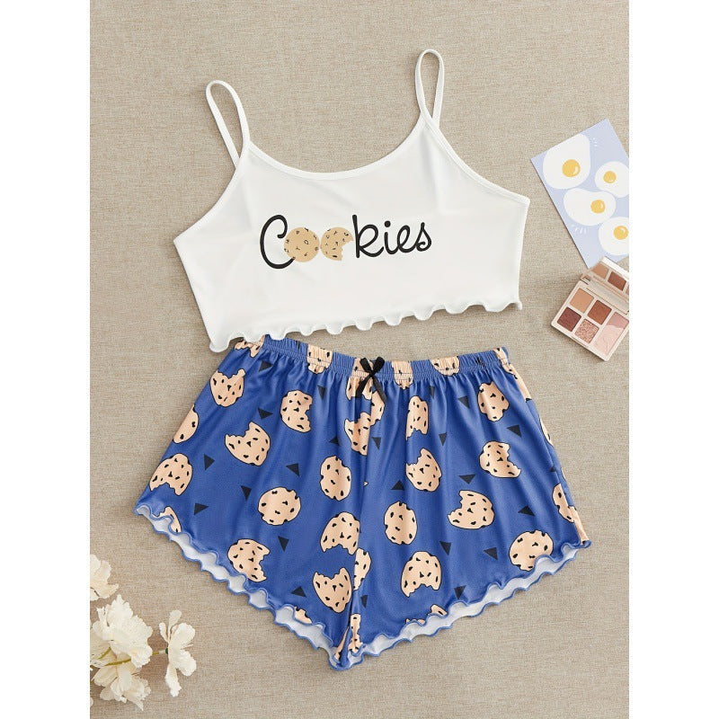 women's pajamas summernew arrival sling off-shoulder home cute printed pajamas home wear night wear