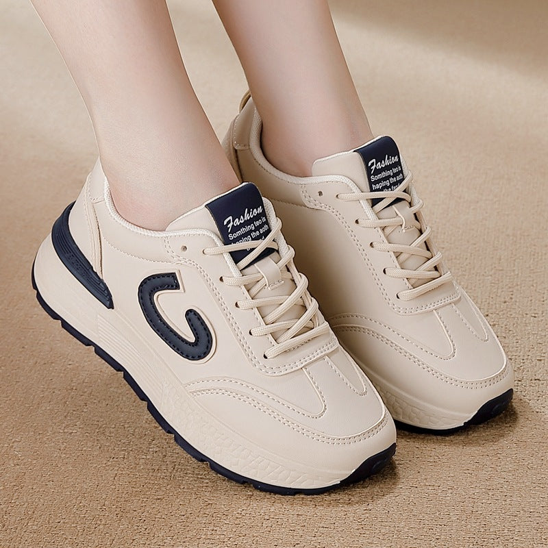 Women's plus size leather sneakers for cross-border e-commerce: versatile, spring new arrivals, running, flat, non-slip, fashionable casual shoes
