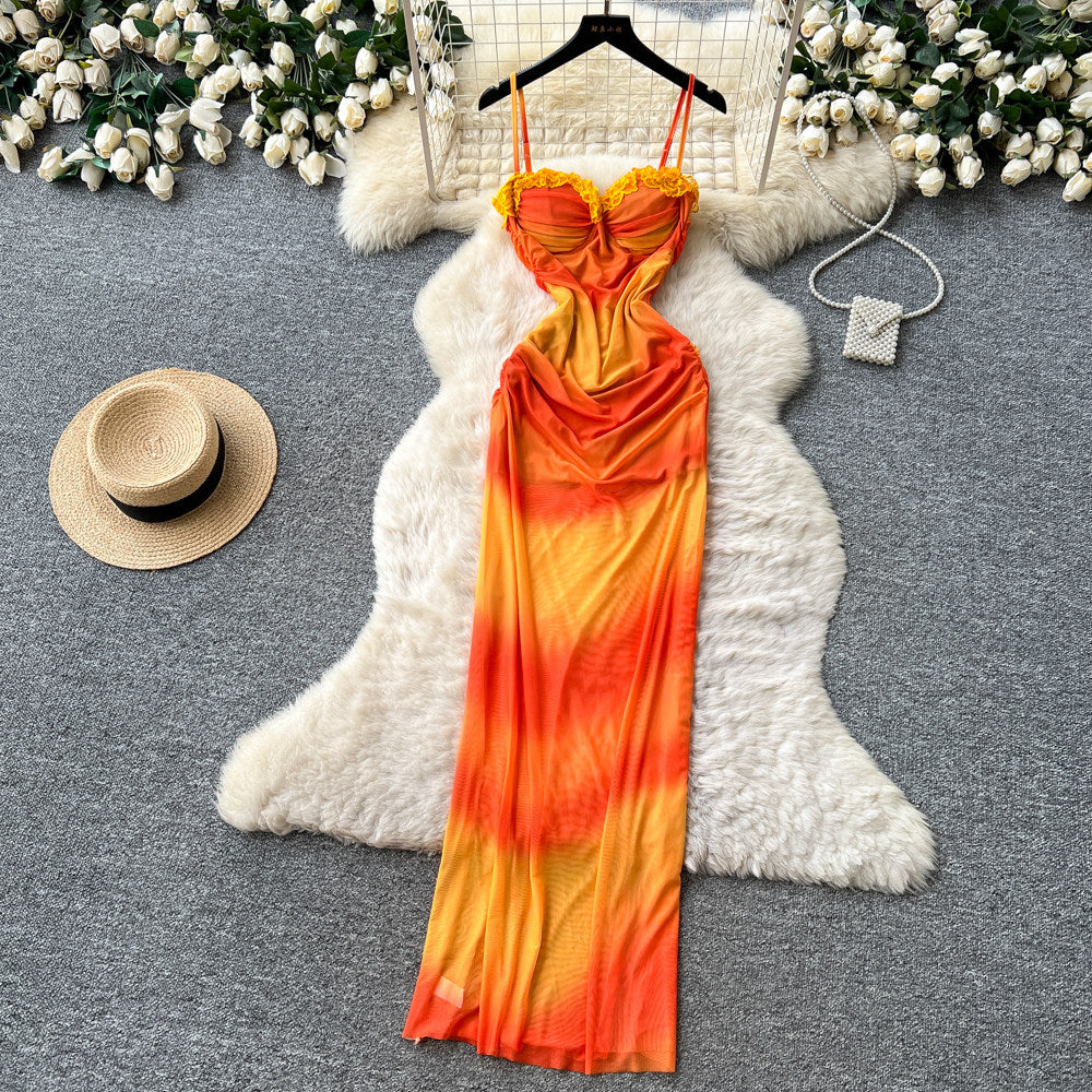 Vacation style v neck pure lust style suspender dress women's summer k-style orange gradient mesh long skirt classy sense of slimming look