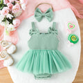 new european and american style sleeveless ribbed solid color gauze dress triangle romper + bow headband for baby girls