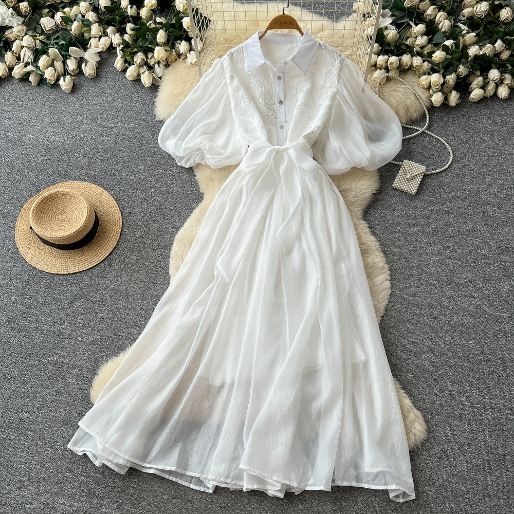 French gentle style pink lantern sleeve dress women's summer k-styletie backcut out waist a-line skirt work clothing slimming look