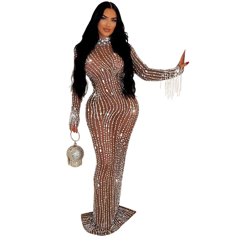 C6919 cross-border   independent station fashion women's solid color mesh rhinestone dress