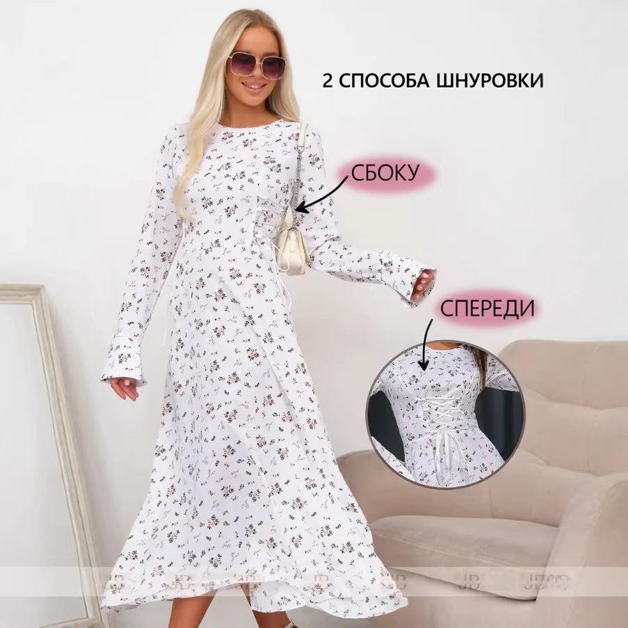 european and american women's clothing new print french chic slimming long sleeve dress