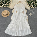Classy sense of nicheelegancedress women's autumnew arrival strap waist lacepatchwork bell sleeve pleated long skirt