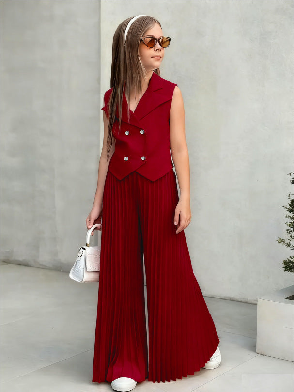 new european and american style girls' sleeveless blazer top + wide-leg pants set - european & american cross-border kids' outfit
