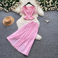 French chic lace v-neck tank top & high-waisted pleated skirt set - elegant & sophisticated summer two-piece
