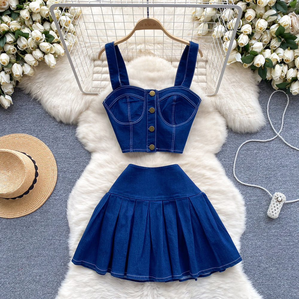 Chic hong kong retro hot girl style suit short camisole easiest for match mini skirt denim two-piece set trendy