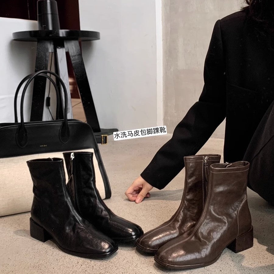 Grape mom's same style washed horse leather square toe thin boots women's thick heel short boots fall and winter stylethick sole small ankle boots for women