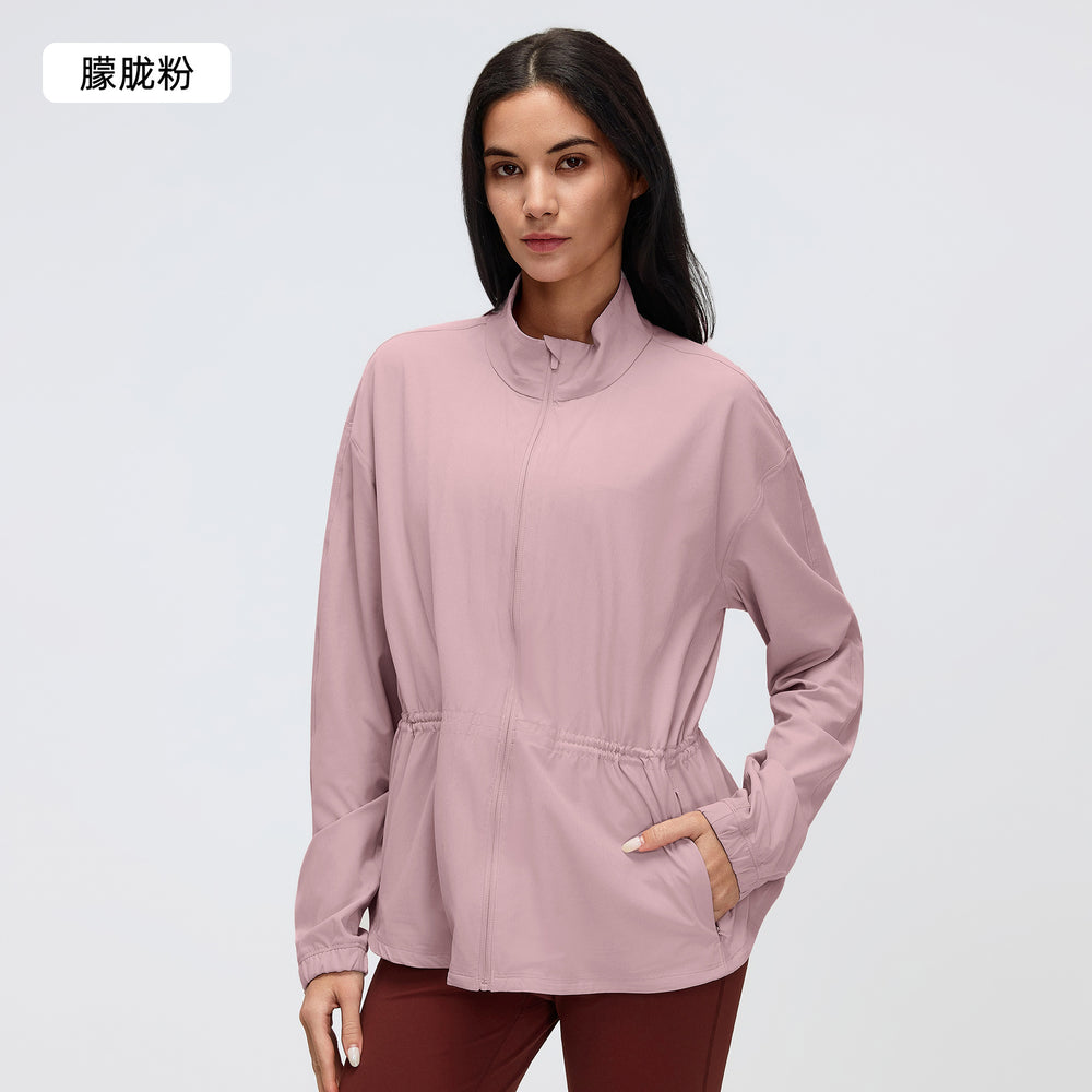 New drawstring waist stand collar jacket top - casual, loose fit, versatile yoga & fitness activewear outerwear d26007