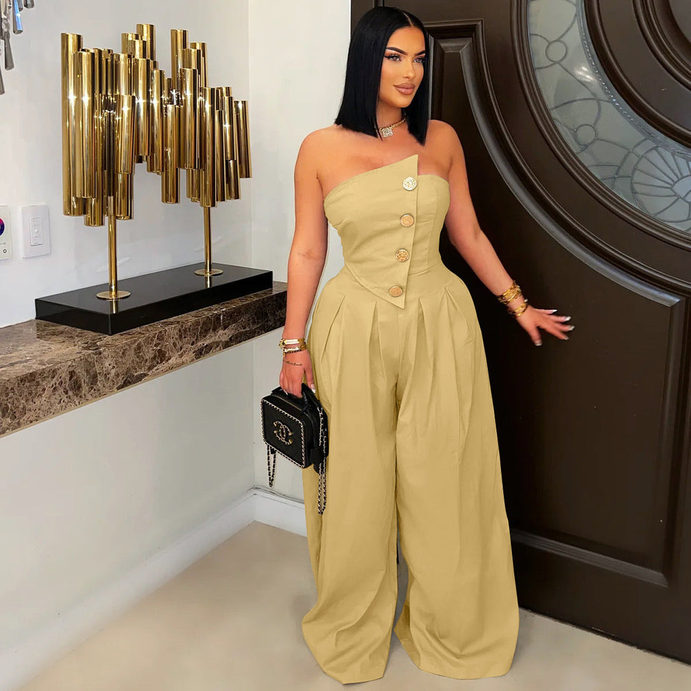 fashion women's sexy bandeau sleeveless metal button wide-leg jumpsuit