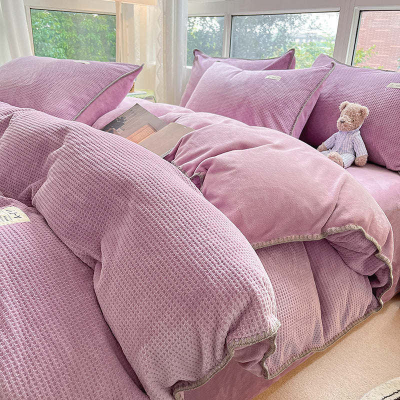 Solid color milk fleece four-piece set, shell edge waffle quilt cover, winter coral fleece sheet quilt cover, bed three-piece set