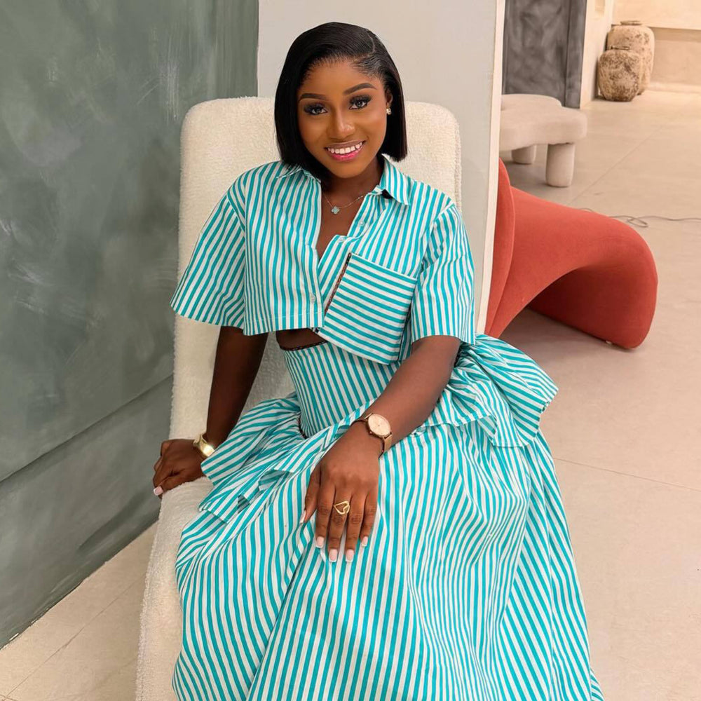 European and american cross-border women's fashion:  summer new collection - stylish and elegant striped short-sleeve shirt and waist-cinching midi skirt set