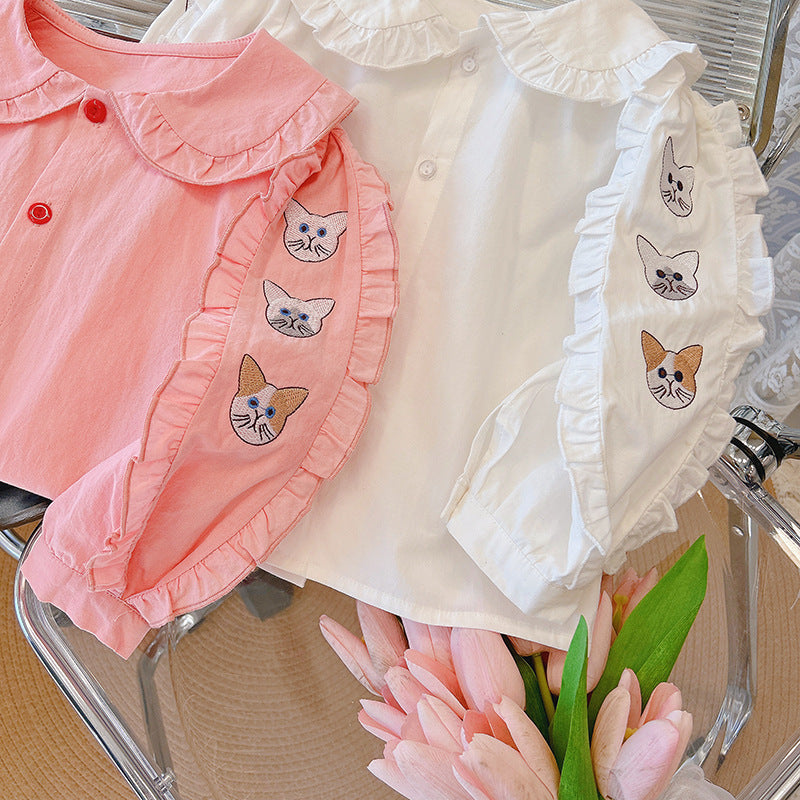 spring/autumn new collection: pure cotton embroidered girls' blouse - long sleeve baby doll collar shirt with turn-down collar