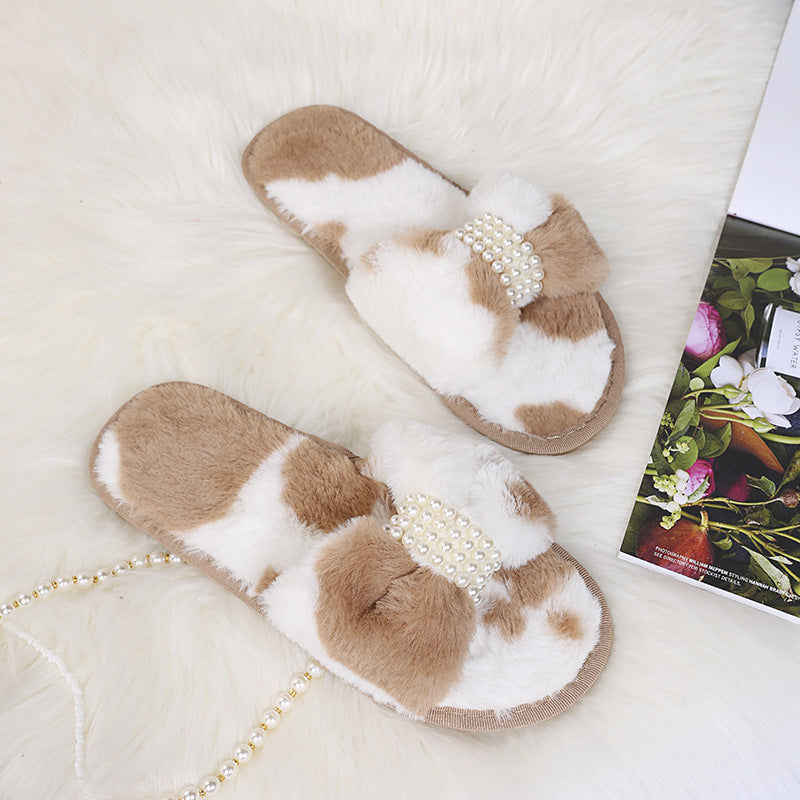 Popular women's slippers 2024fall and winternew arrivalfairy style pearl cow one-line home plaidflats suede fur slippers