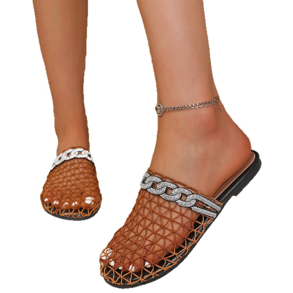 Exportplus size baotou fishnet half slippers cross-border new arrivalsummerflats roman cut outplaid beach slippers
